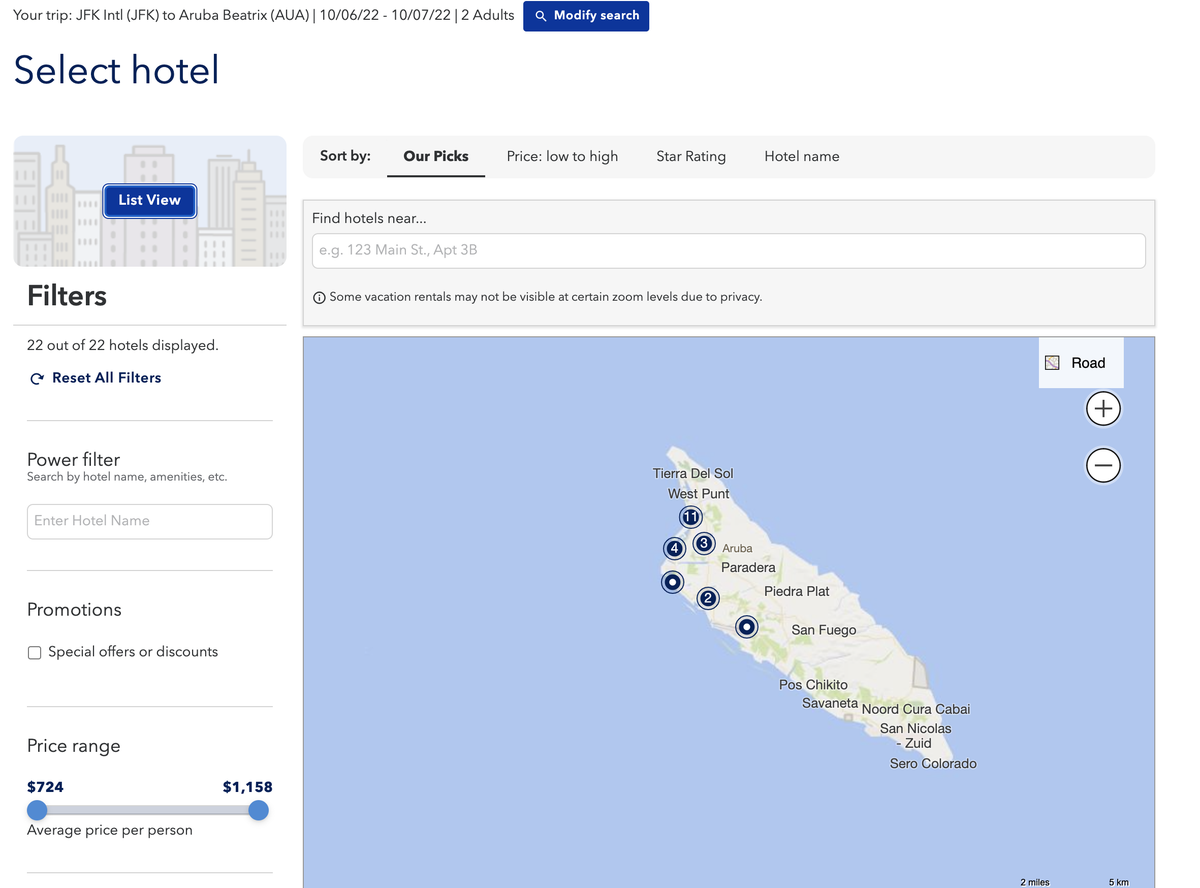 JetBlue Vacations hotel search by map location