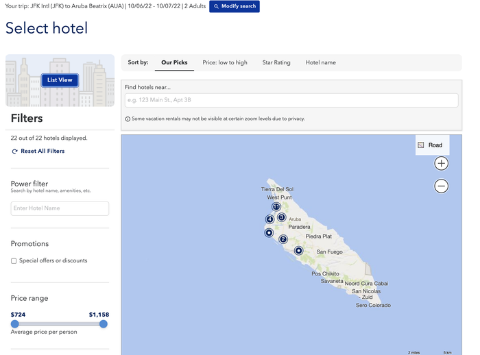 JetBlue Vacations hotel search by map location
