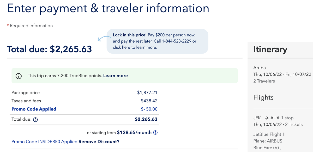 JetBlue Vacations payment and traveler info