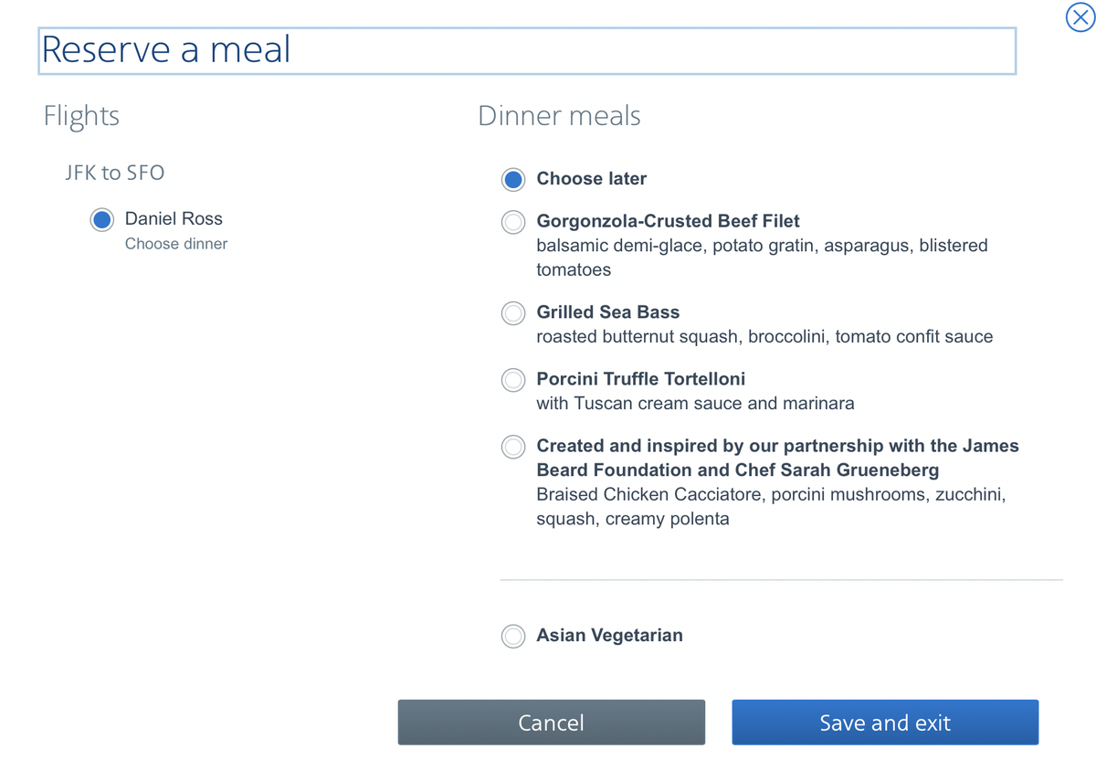 American Airlines’ online advance food selection page
