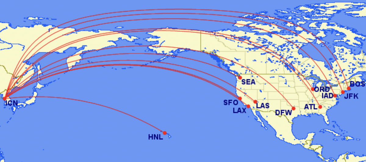 Korean Air's routes to the U.S. from Seoul