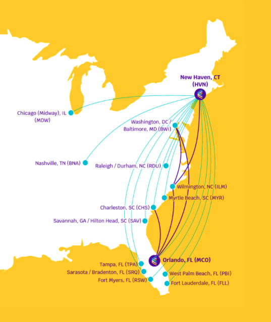Map of Avelo's new routes from MCO and ILM