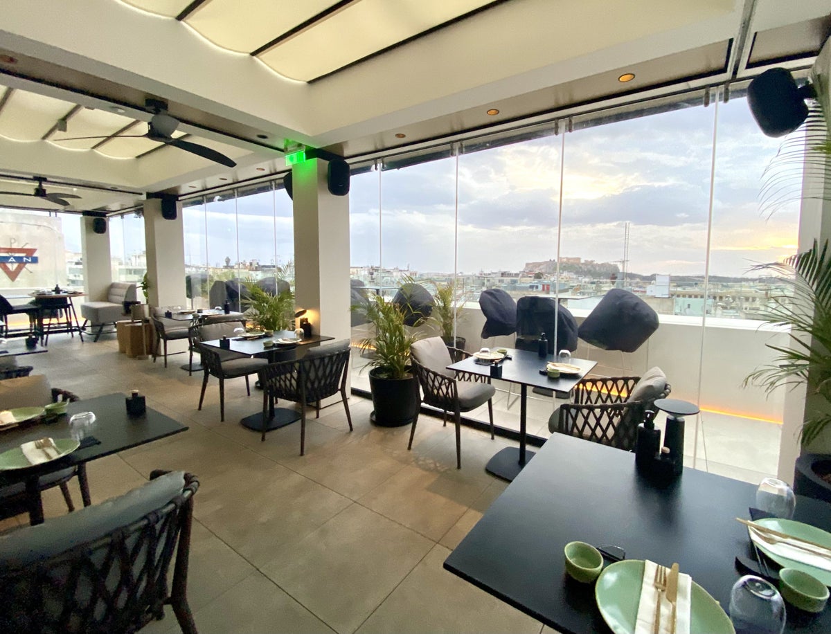 Academias Hotel Nyx Japanese Fusion Gastrobar seating with view of Acropolis
