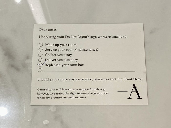 Academias Hotel bedroom room service note