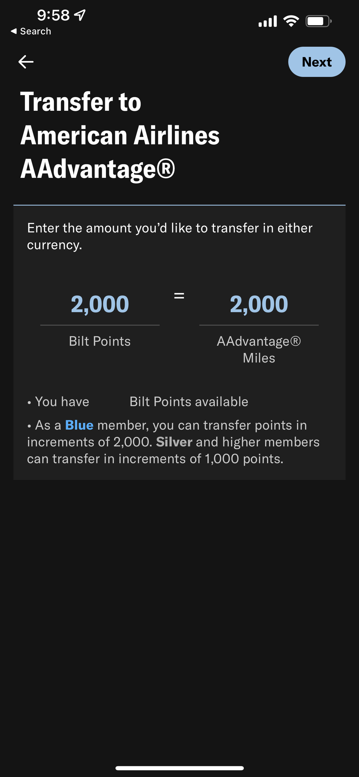 Bilt Rewards transfer amount screen