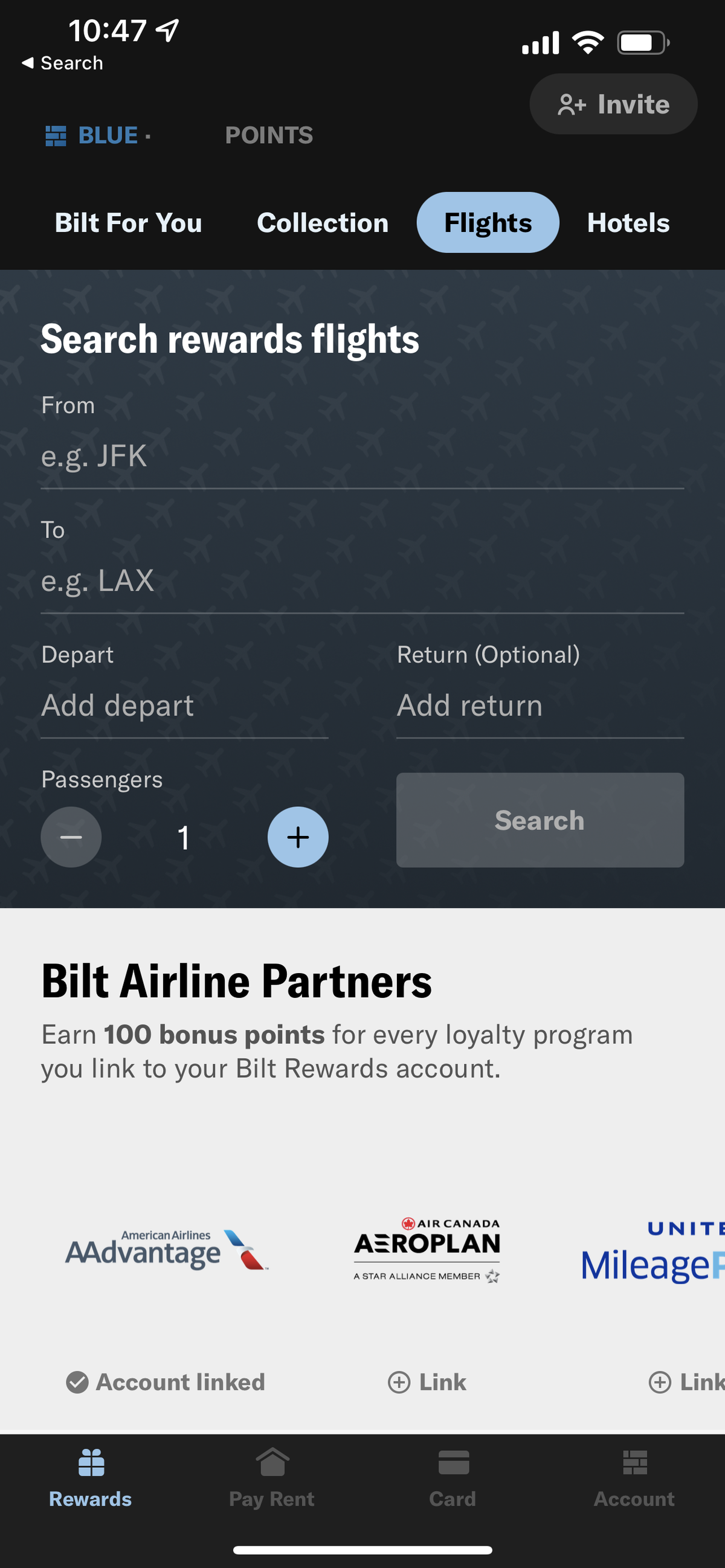 Bilt Rewards travel page