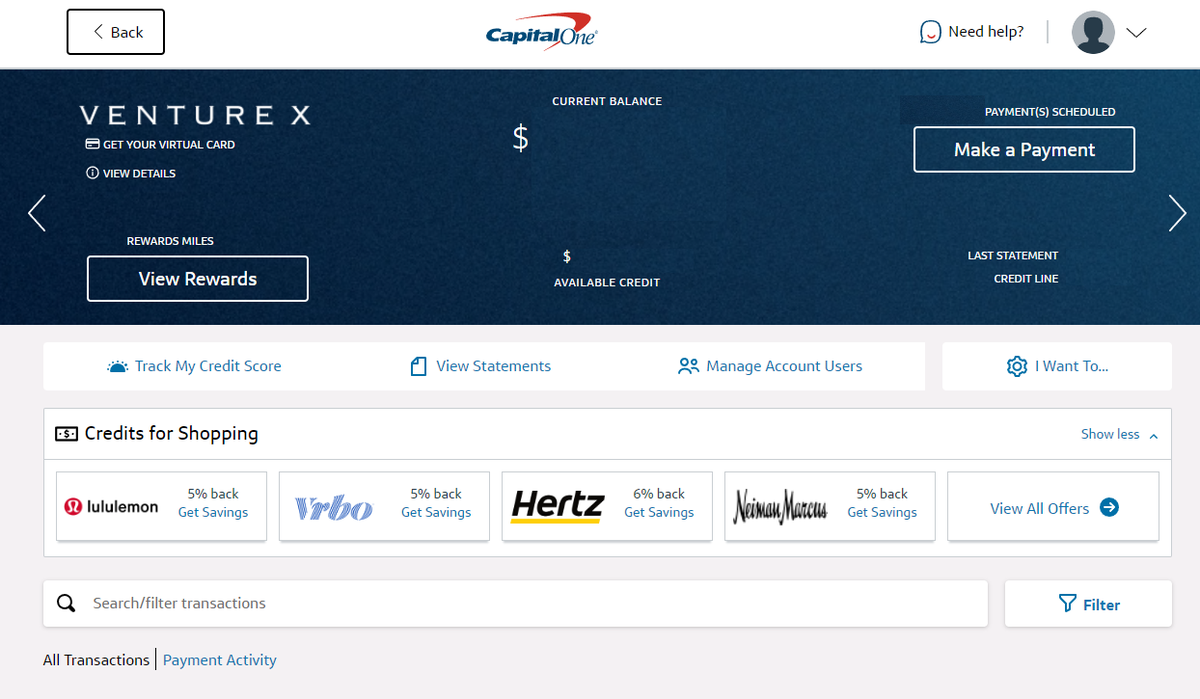 Capital One Venture X dashboard