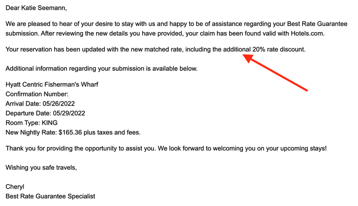 Email from Hyatt confiming my best rate guarantee