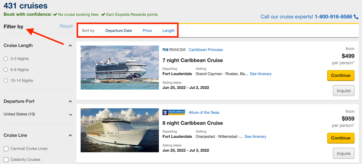 Expedia cruise filtering and sorting options