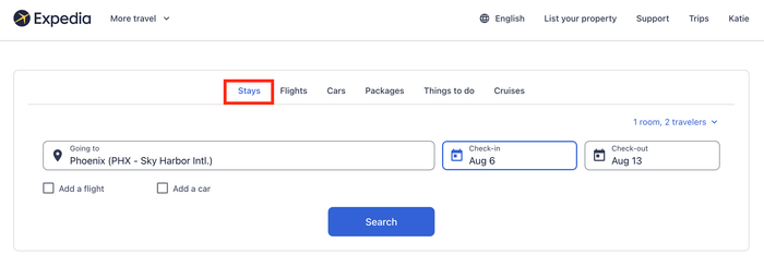 Hotel search on Expedia