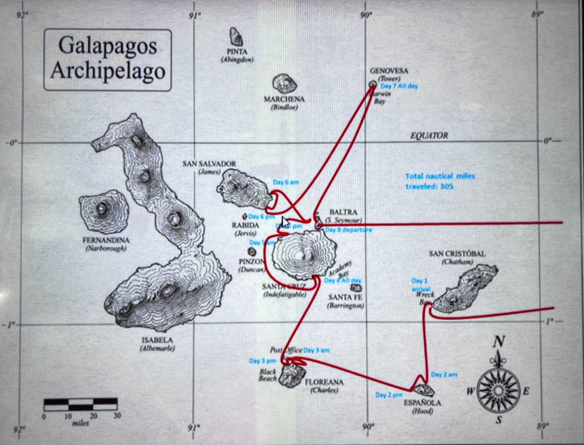 National Geographic Endeavour II map of Galapagos itinerary
