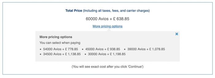 Avios costs from New York to London with BA