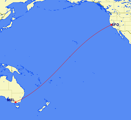 United Airlines' route map from SFO to MEL