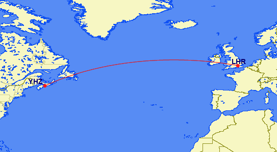 Route map of Air Canada's Halifax (YHZ) to London Heathrow (LHR) service