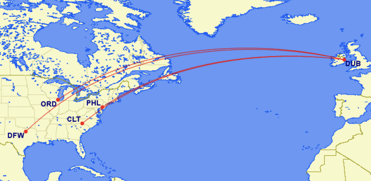 Map of American Airlines' nonstop services to Dublin, Ireland