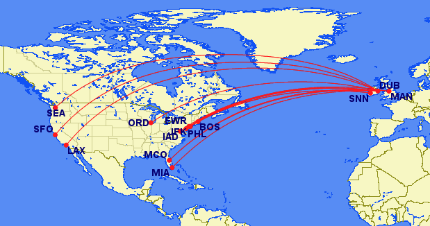 aer lingus route map north america airports