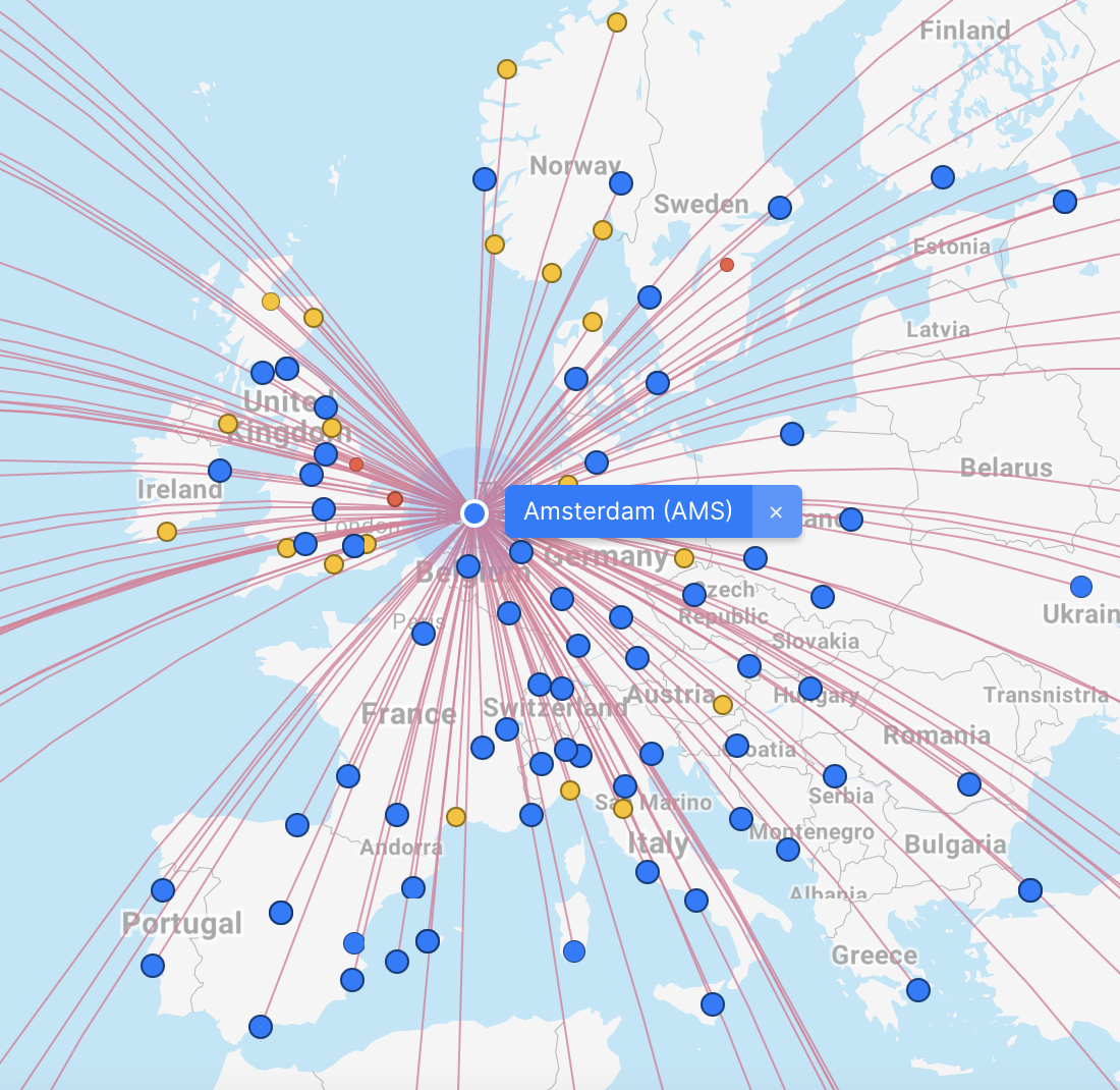 KLM's European route network from Amsterdam