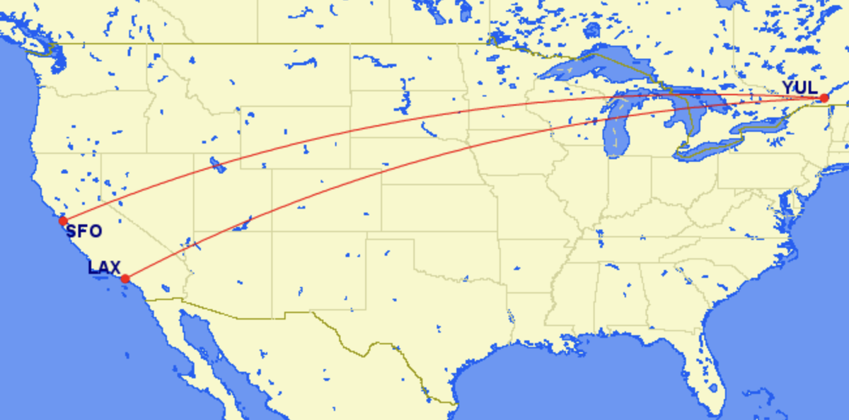Air Transat's routes to California from Montréal