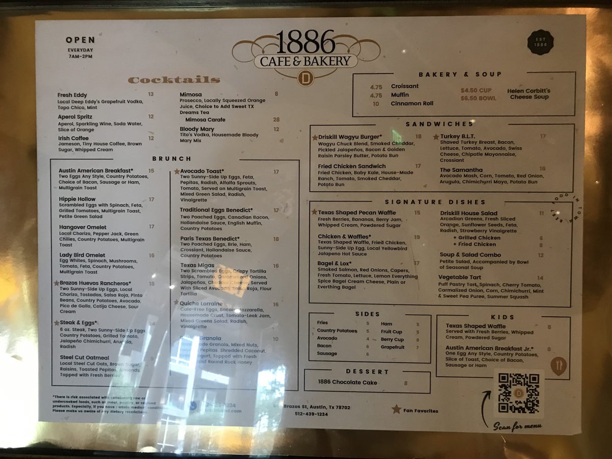 1886 Cafe and Bakery menu