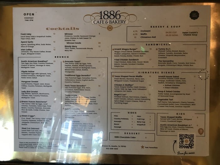 1886 Cafe and Bakery menu
