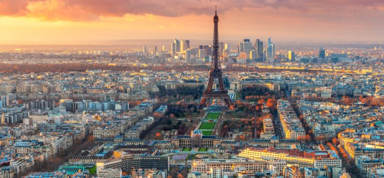 View of the Eiffel tower at sunset from Tour Montparnasse, Paris