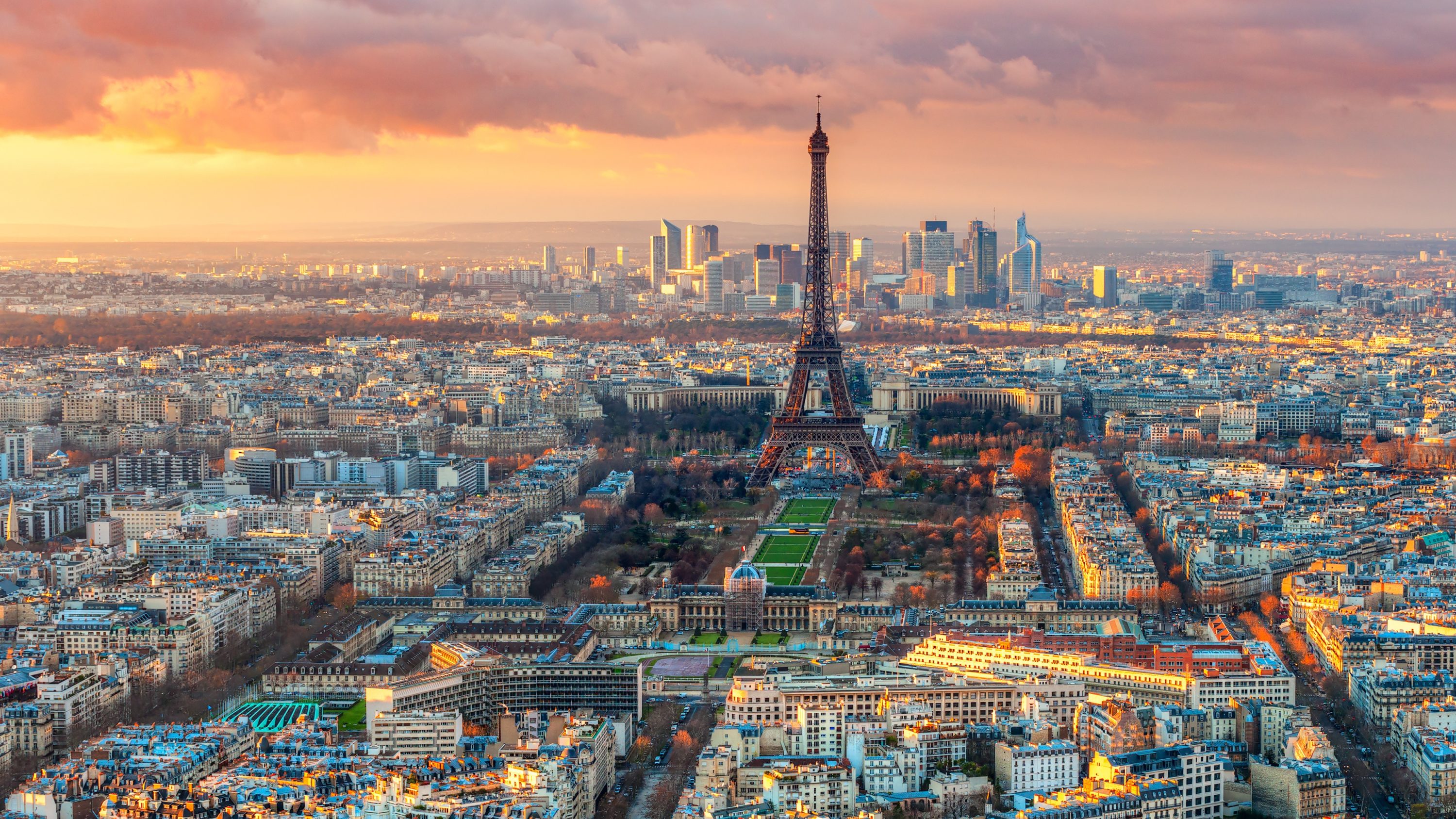 View of the Eiffel tower at sunset from Tour Montparnasse, Paris