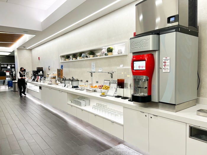 Drinks and snacks at the Admirals Club at Boston Logan International Airport