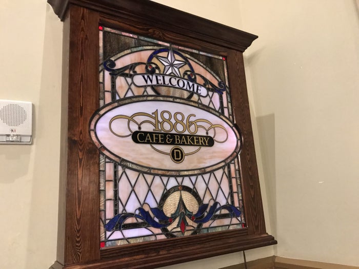 Stained glass sign at the 1886 Café and Bakery