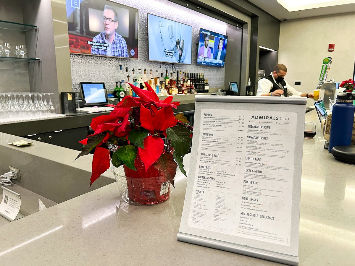 Food and drink menu at the Admirals Club at Boston Logan International Airport