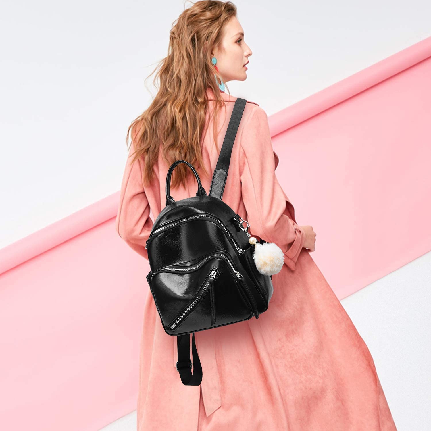 Girls Mini Backpack Leather Multi-pockets Fashion Backpack Purse for Women Shoulder Bag Ladies Backpack with Pompom 