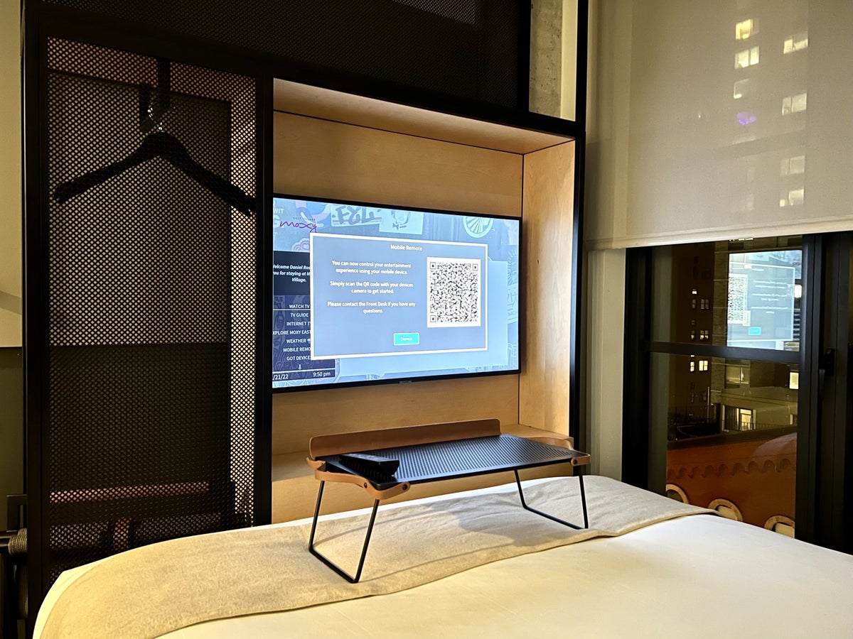 Moxy East Village bedroom bed and tv