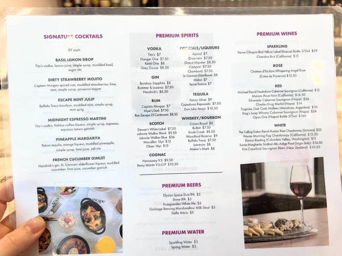 Oakland Escape Lounge cocktail menu