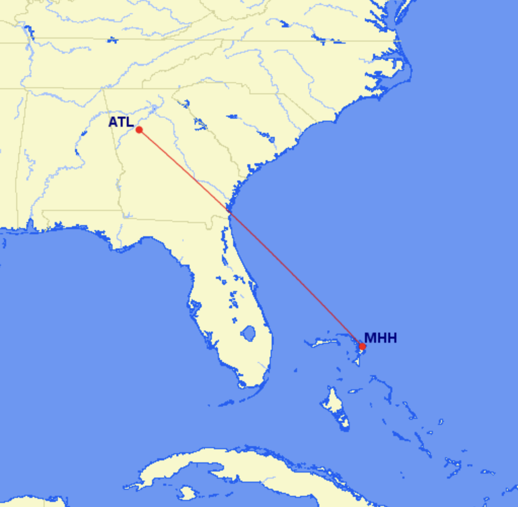 Map of Delta's route from Atlanta (ATL) to Marsh Harbour (MHH)