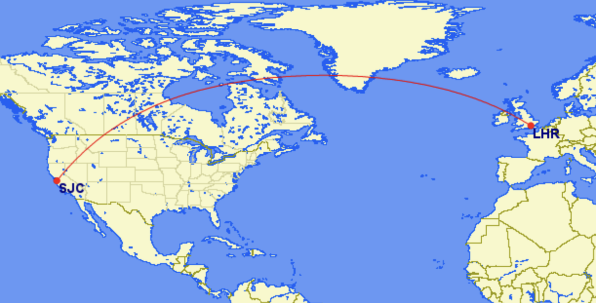 British Airways' route from San Jose (SJC) to London Heathrow (LHR)