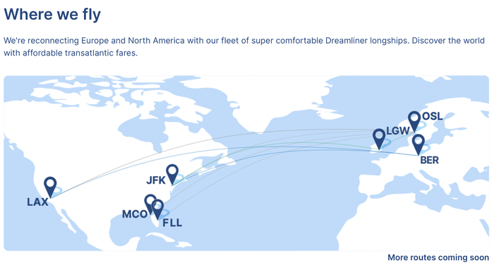 Norse Atlantic's transatlantic route map