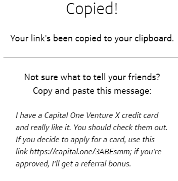 Capital One Refer a Friend message