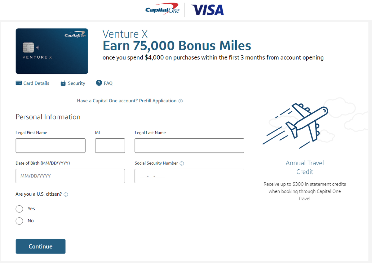 Capital One Venture X application page