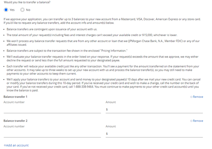 Chase Balance Transfer new card application