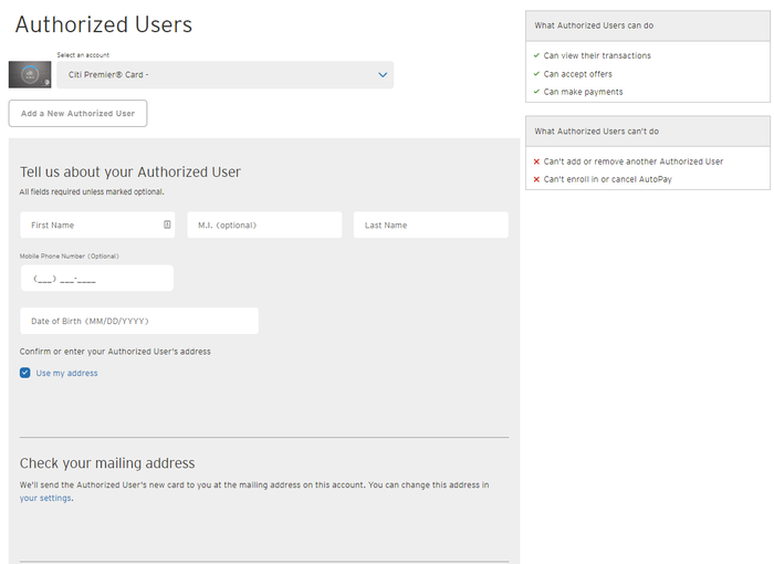 Citi Premier card add authorized user