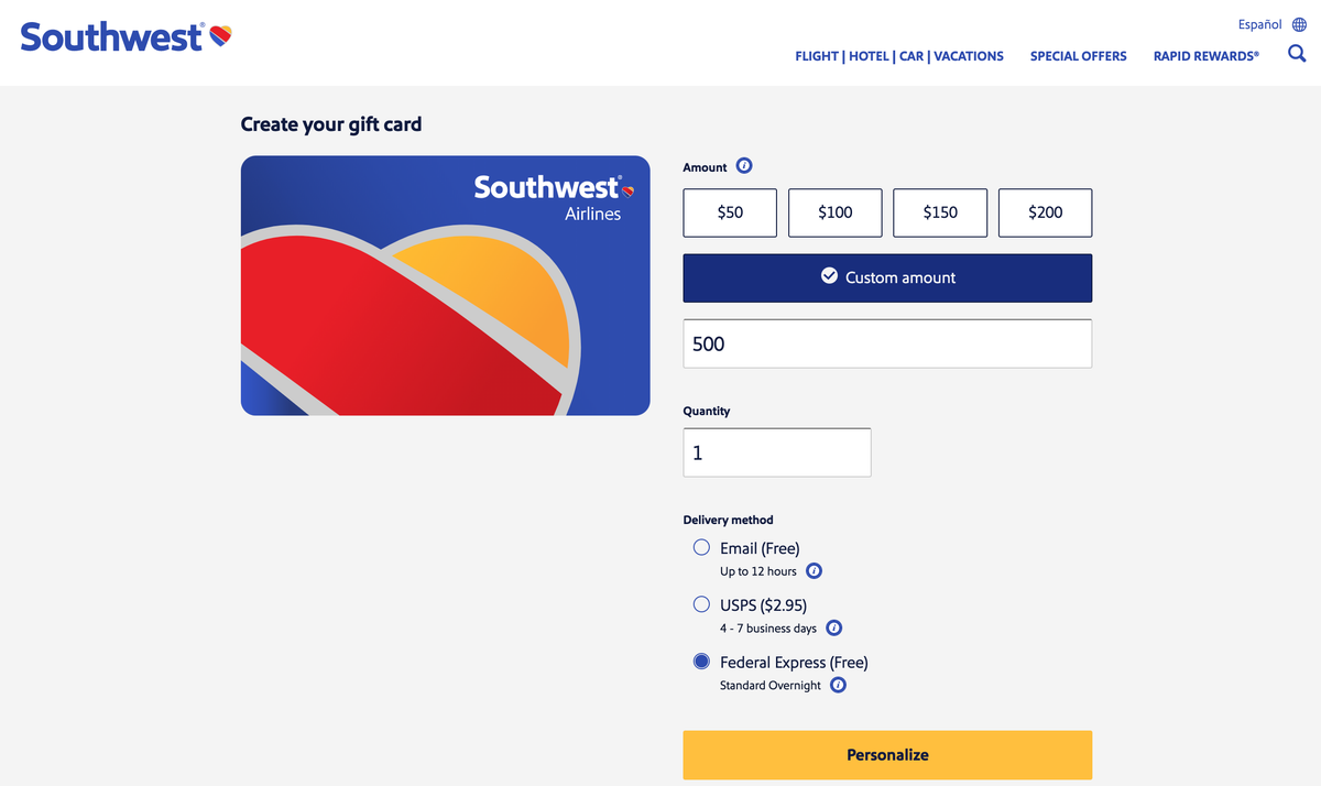 Create a Southwest Airlines gift card