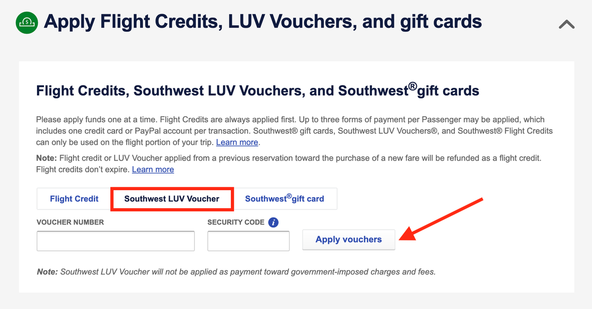 How to use Southwest LUV Vouchers online
