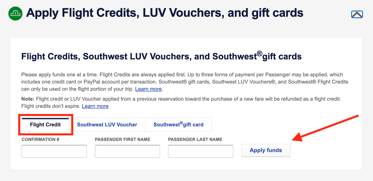 How to use Southwest flight credits online