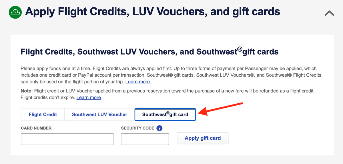 How to use Southwest gift cards online