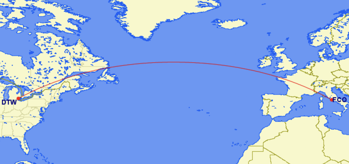 Map of Delta's new route from Detroit to Rome