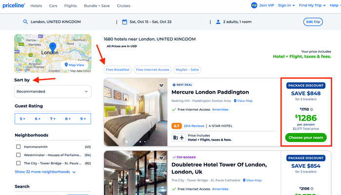 Priceline Bundle and Save filtering and sorting options