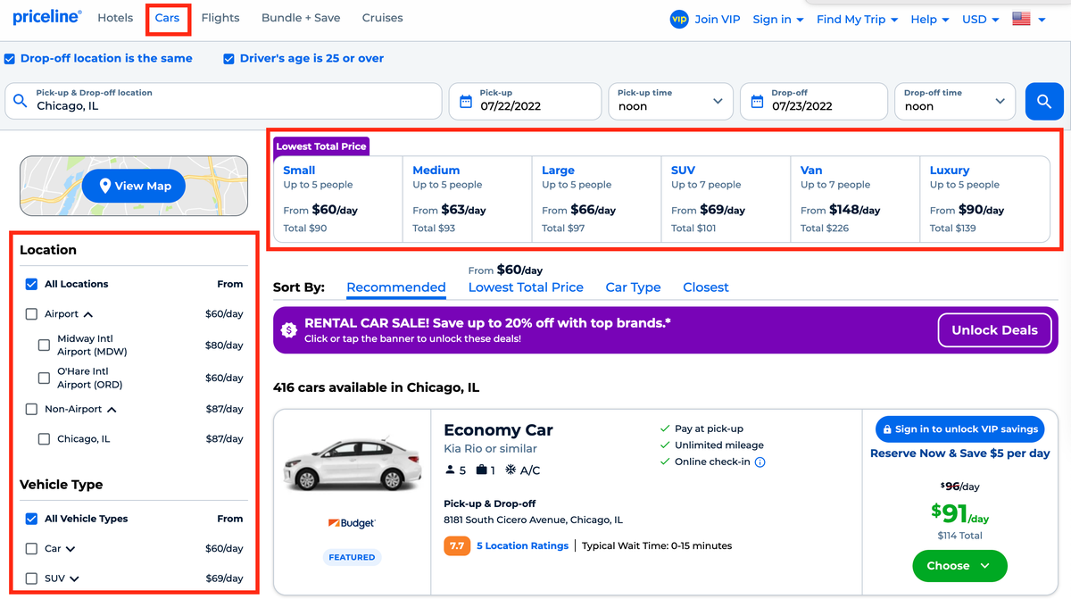 Priceline rental cars sorting and filtering options