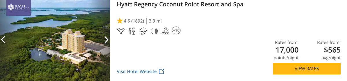 Hyatt Regency Coconut Point Resort award rate
