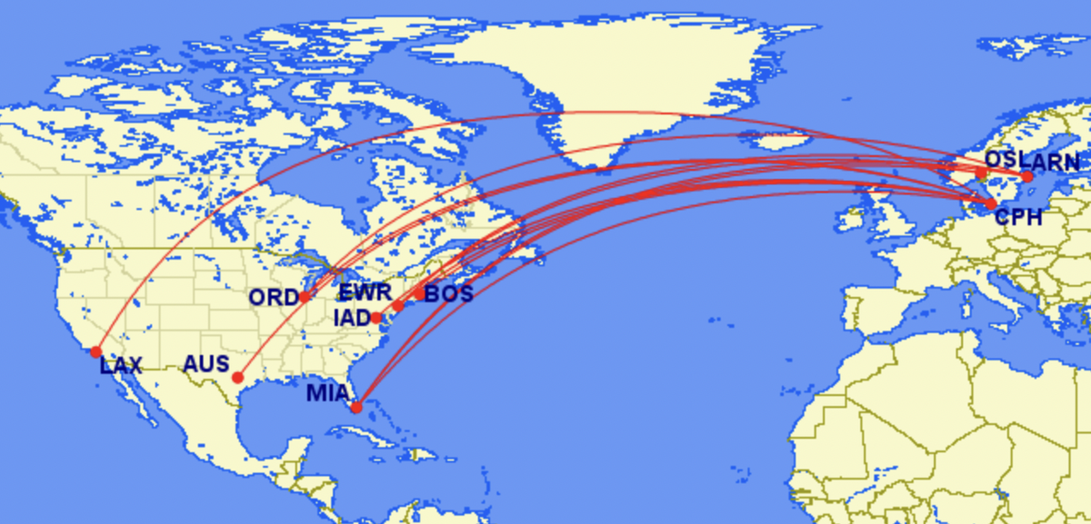 SAS Route map from the U.S. to Scandinavia