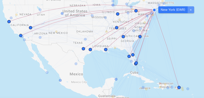 Spirit's routes from Newark (EWR) 