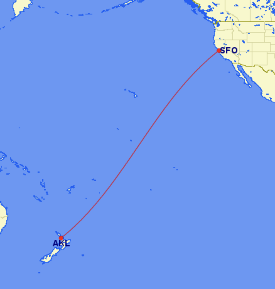 Route map of United's service from San Francisco (SFO) to Auckland (AKL)